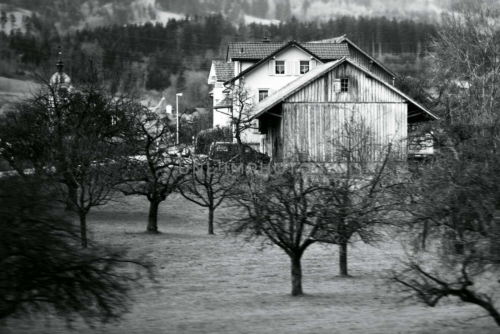 village house close up on field