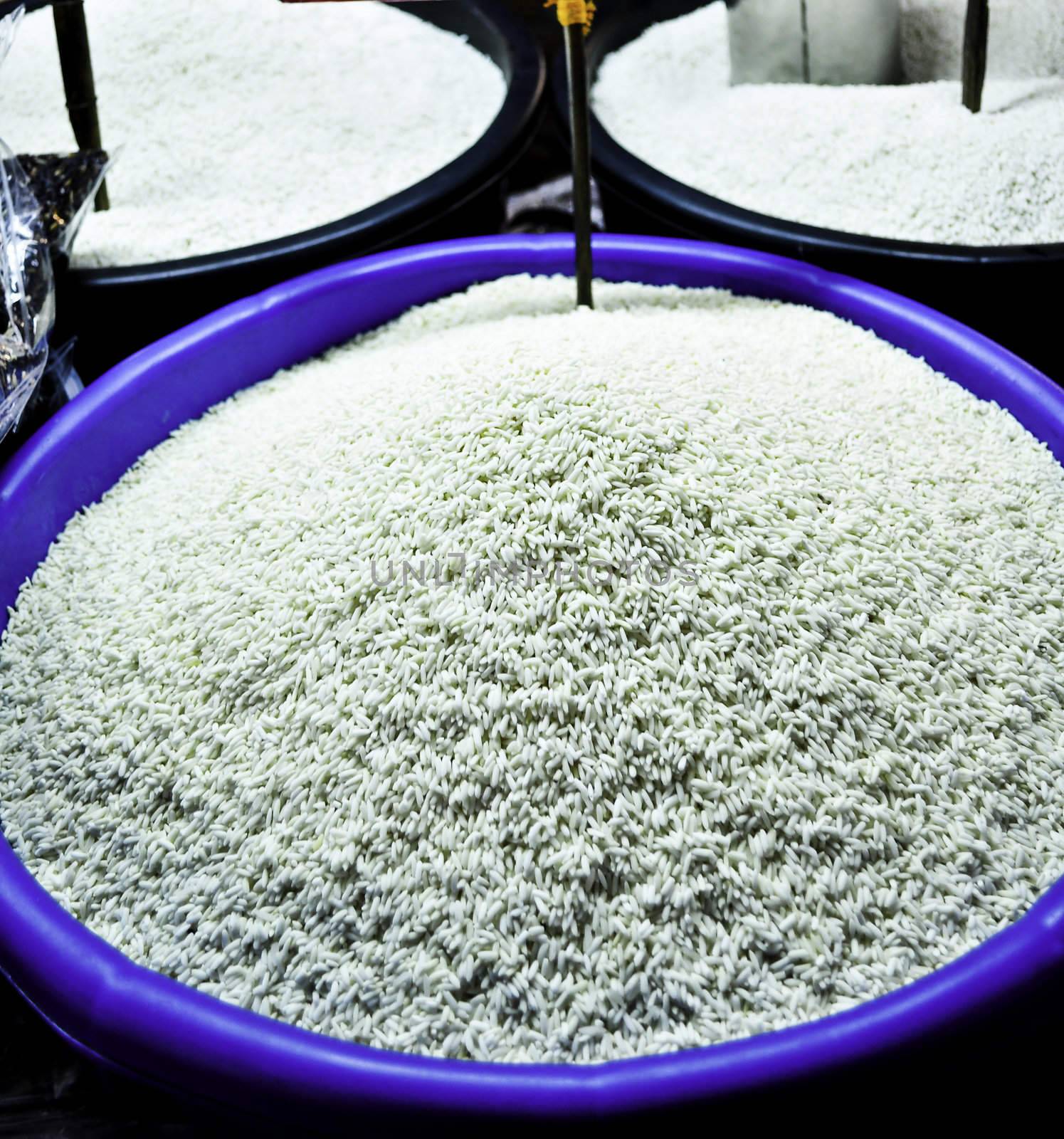 Barrels of rice for sale in an Thai Market