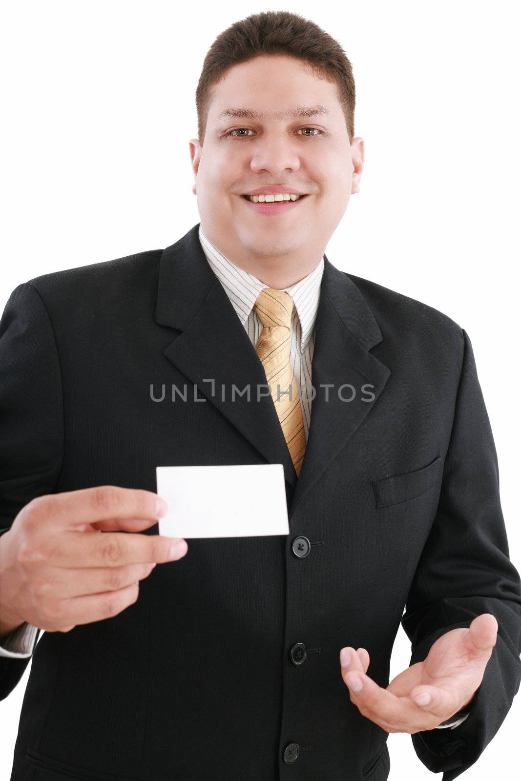 young attractive businessman shows his business card, focus in m by dacasdo