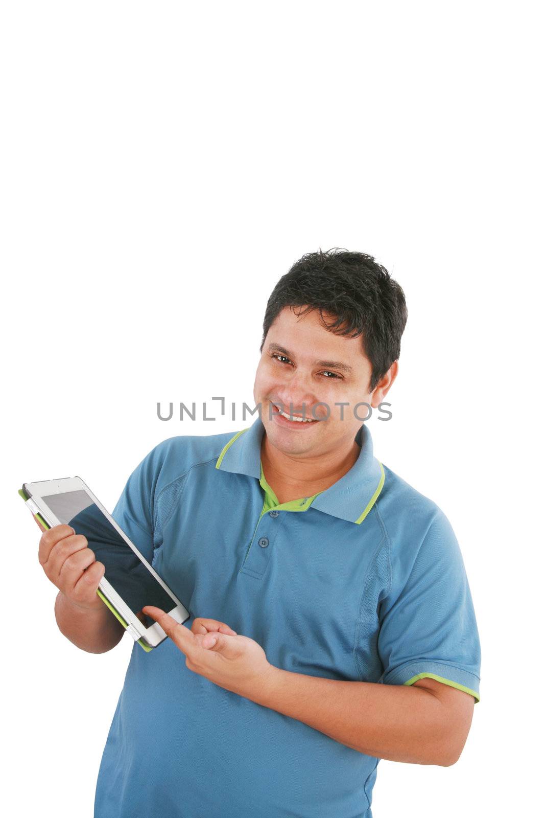 Man with a tablet computer against a white background