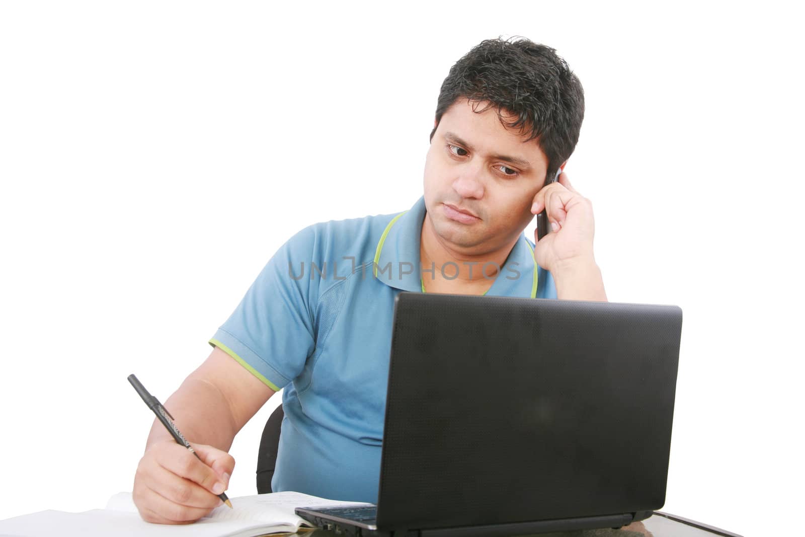 Man with cellphone and laptop, isolated on white