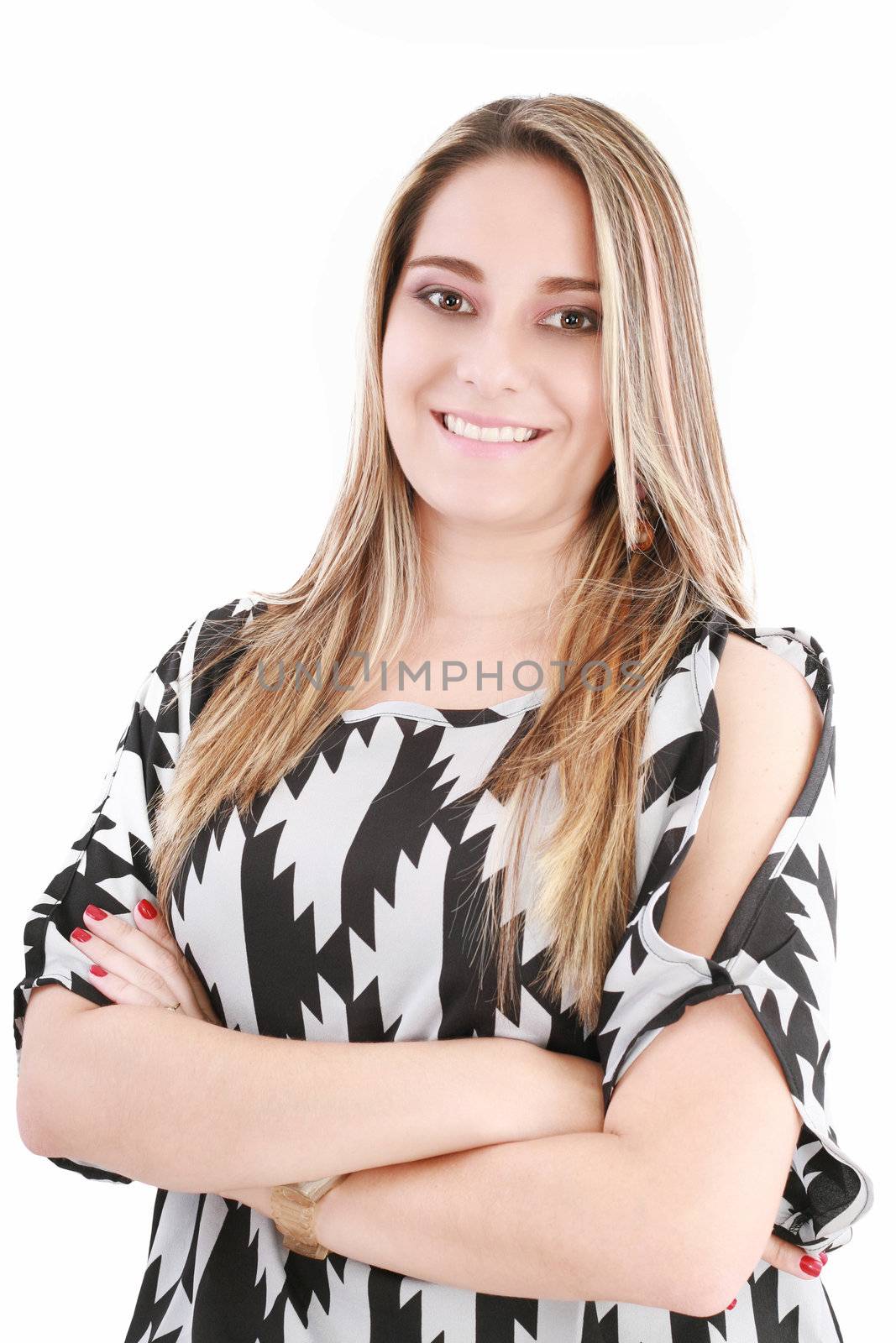 Young smiling happy woman portrait on white.