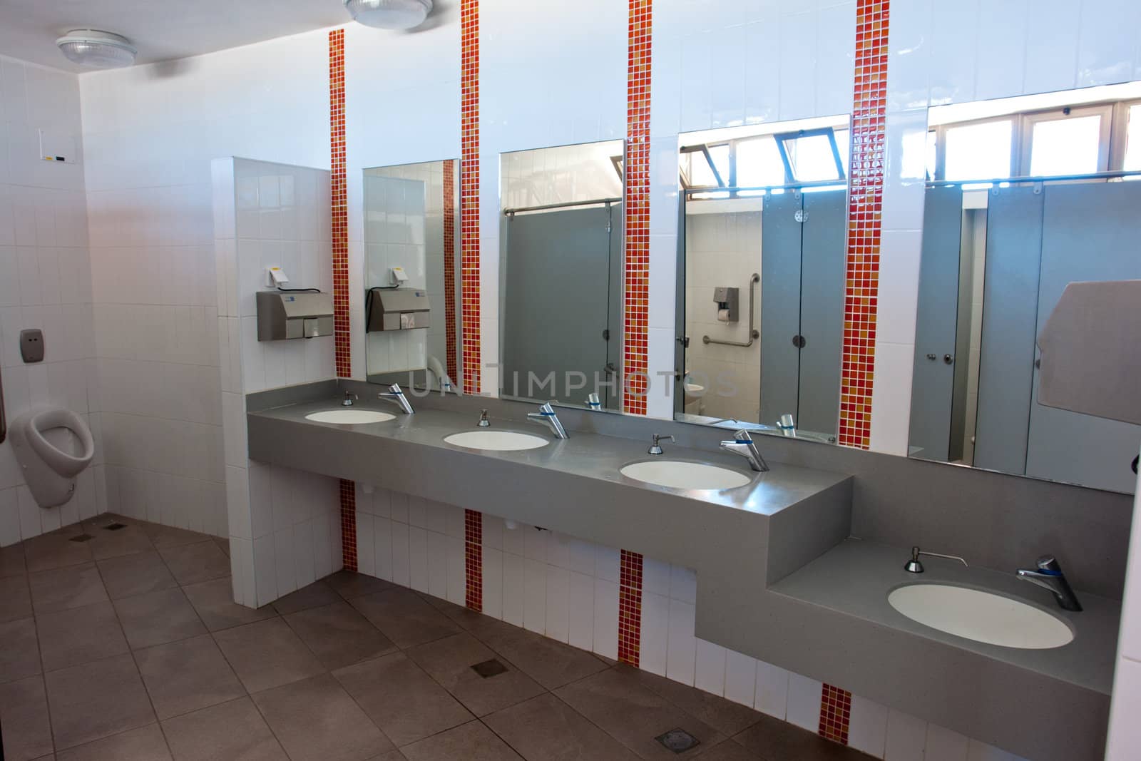 Public empty restroom WC toilet with washstands, toilets and mirror 