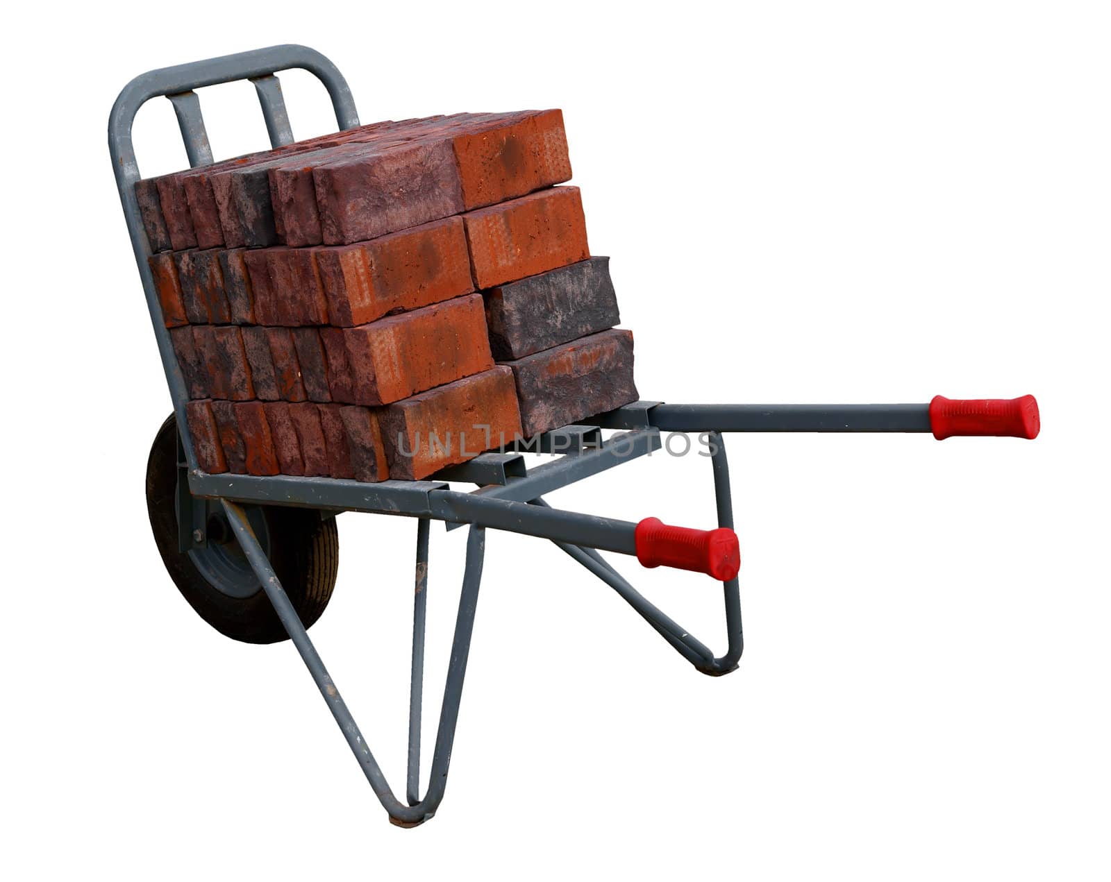 Wheelbarrow with bricks, isolated against background