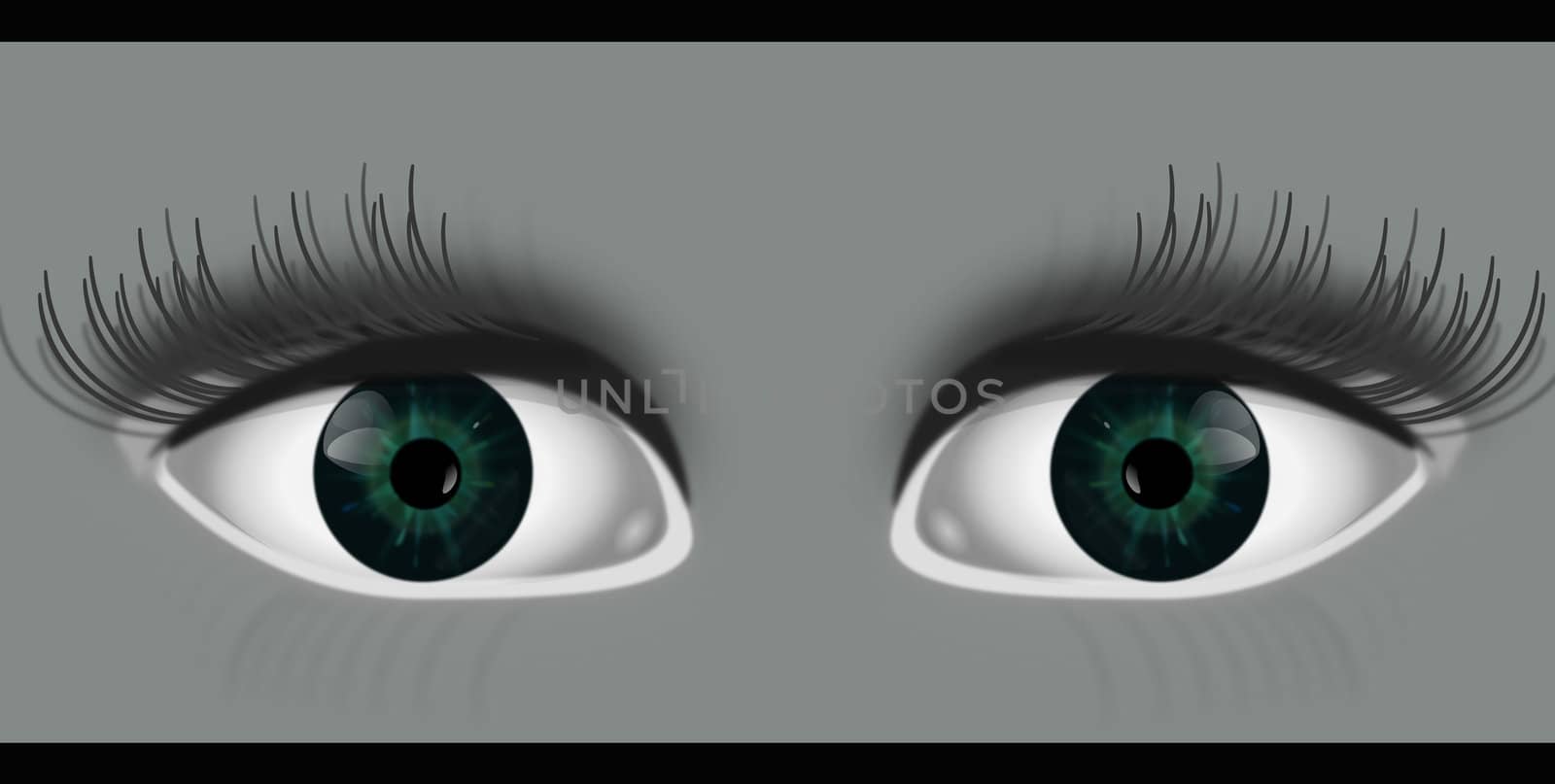 Illustration depicting two eyes peering out from grey background with black strip top and bottom of image.