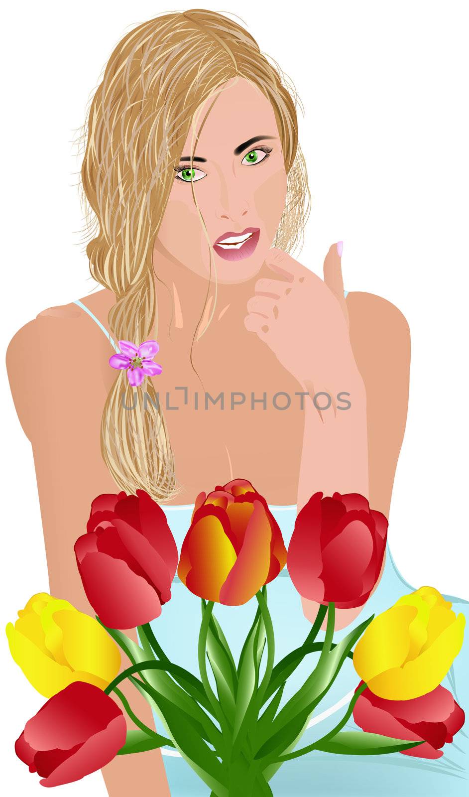 The happy young girl with a bouquet of tulips by sergey150770SV