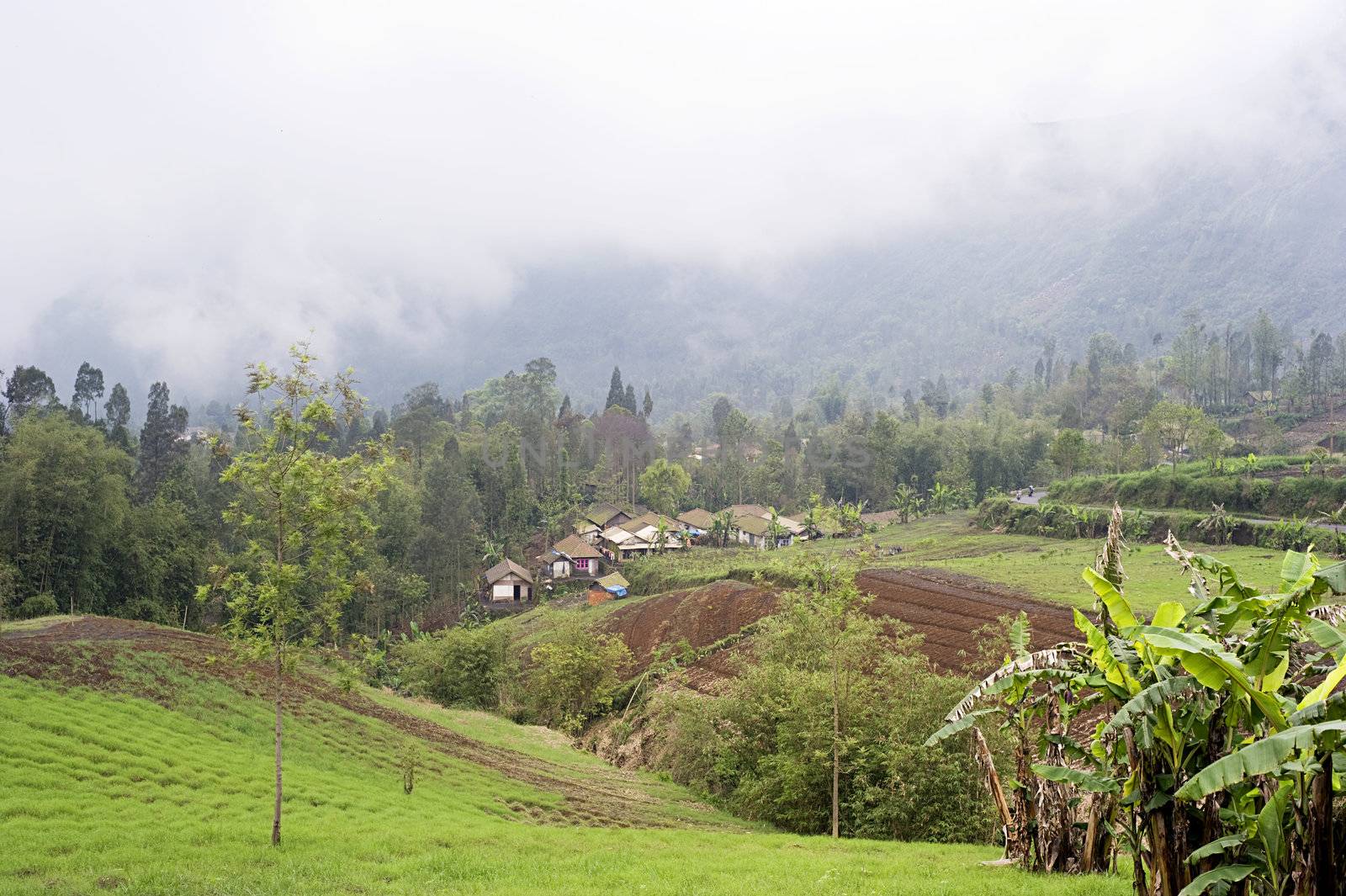 Landscape with traditional Indonesian mountain village. East Java, Indonesia