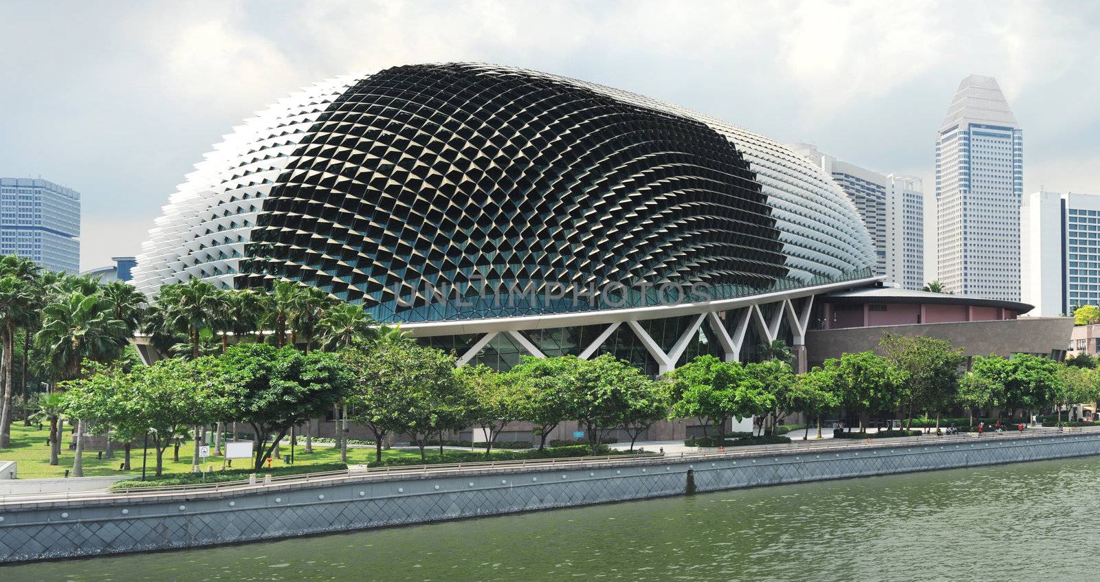 Esplanade Theatres on the Bay, on the waterfront of Singapores bay, purpose built as a concert hall and theatre for the performing arts