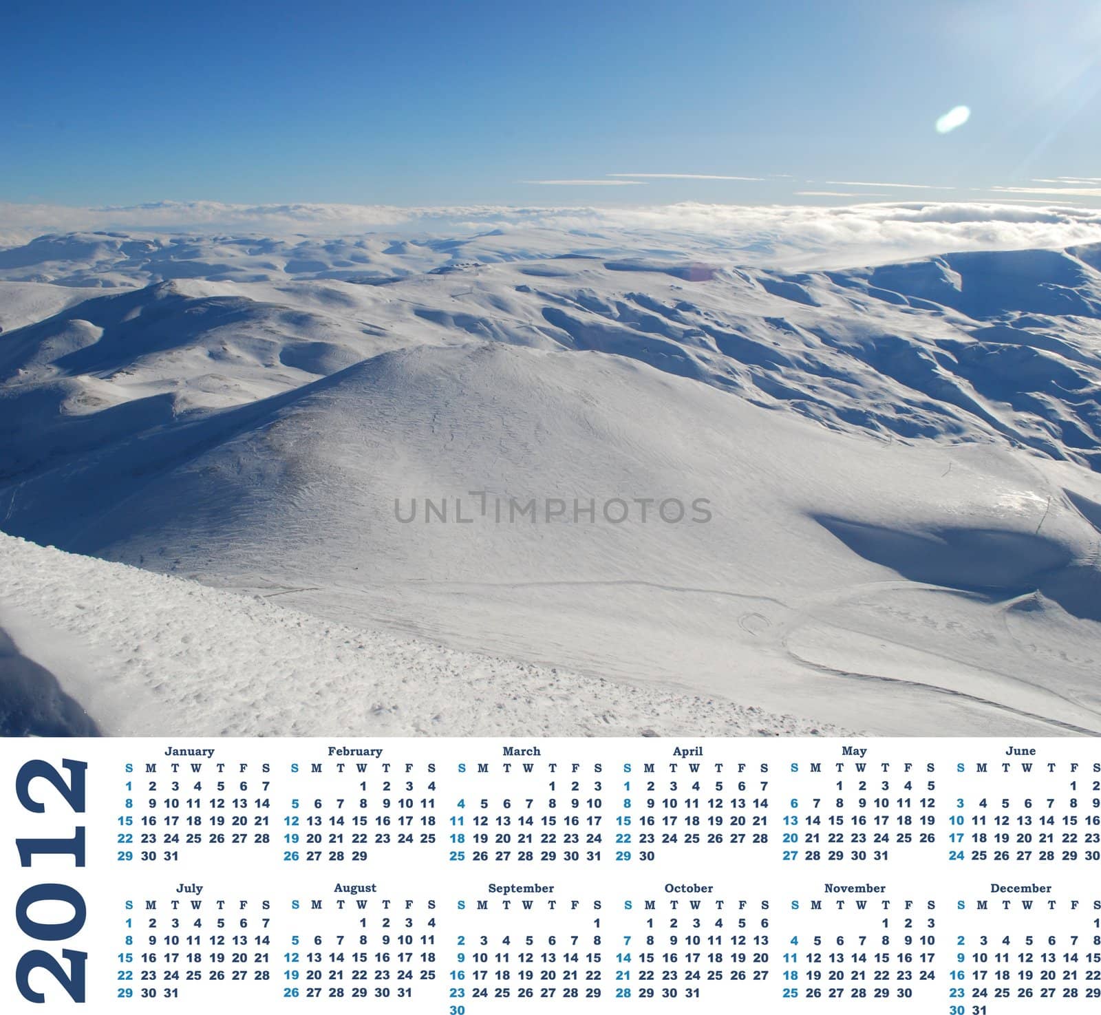 calendar 2012  with view of snow mountains in Turkey Palandoken Erzurum ski resort 