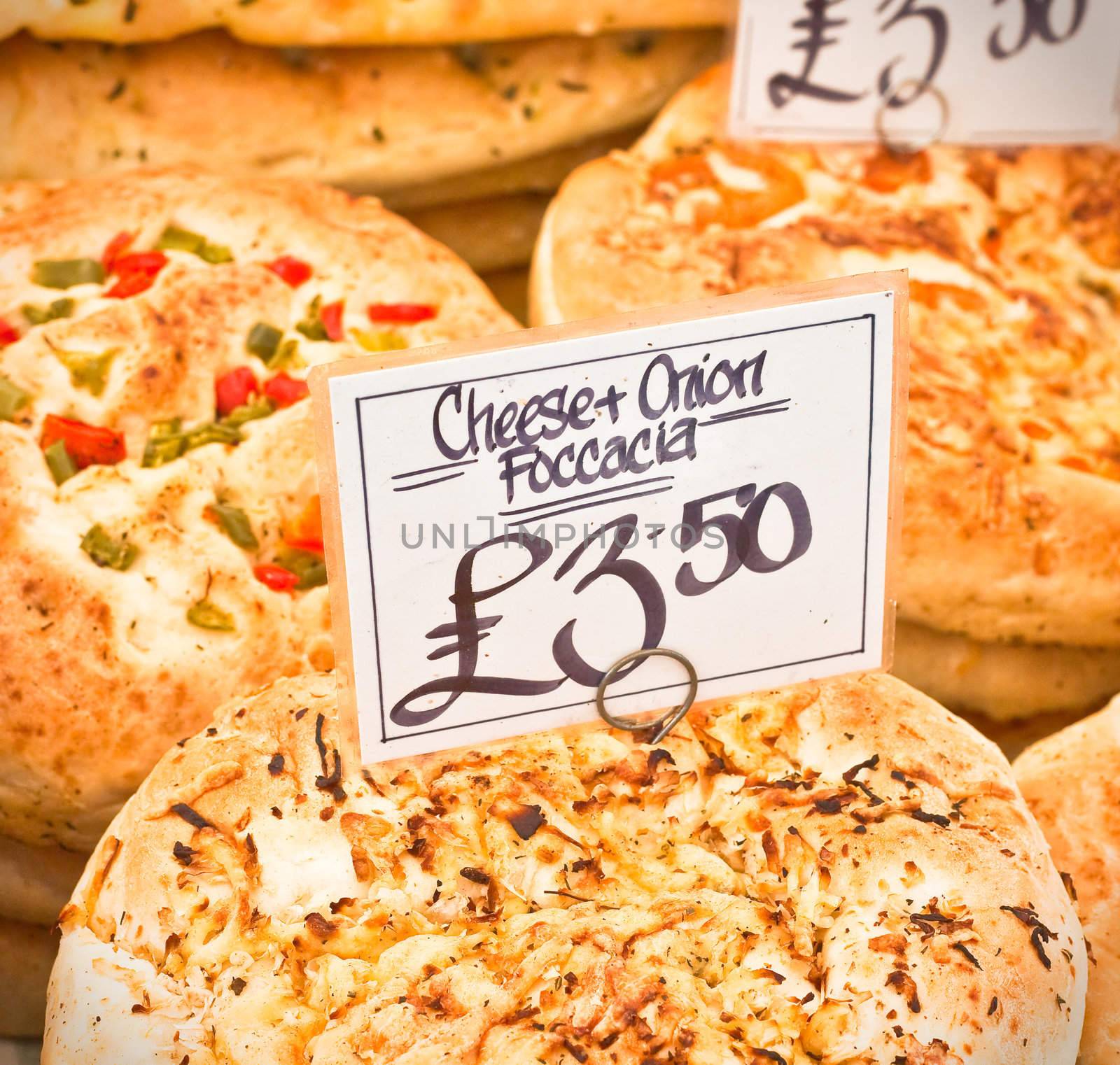 Freshly baked italian foccacia at a market stall in the UK