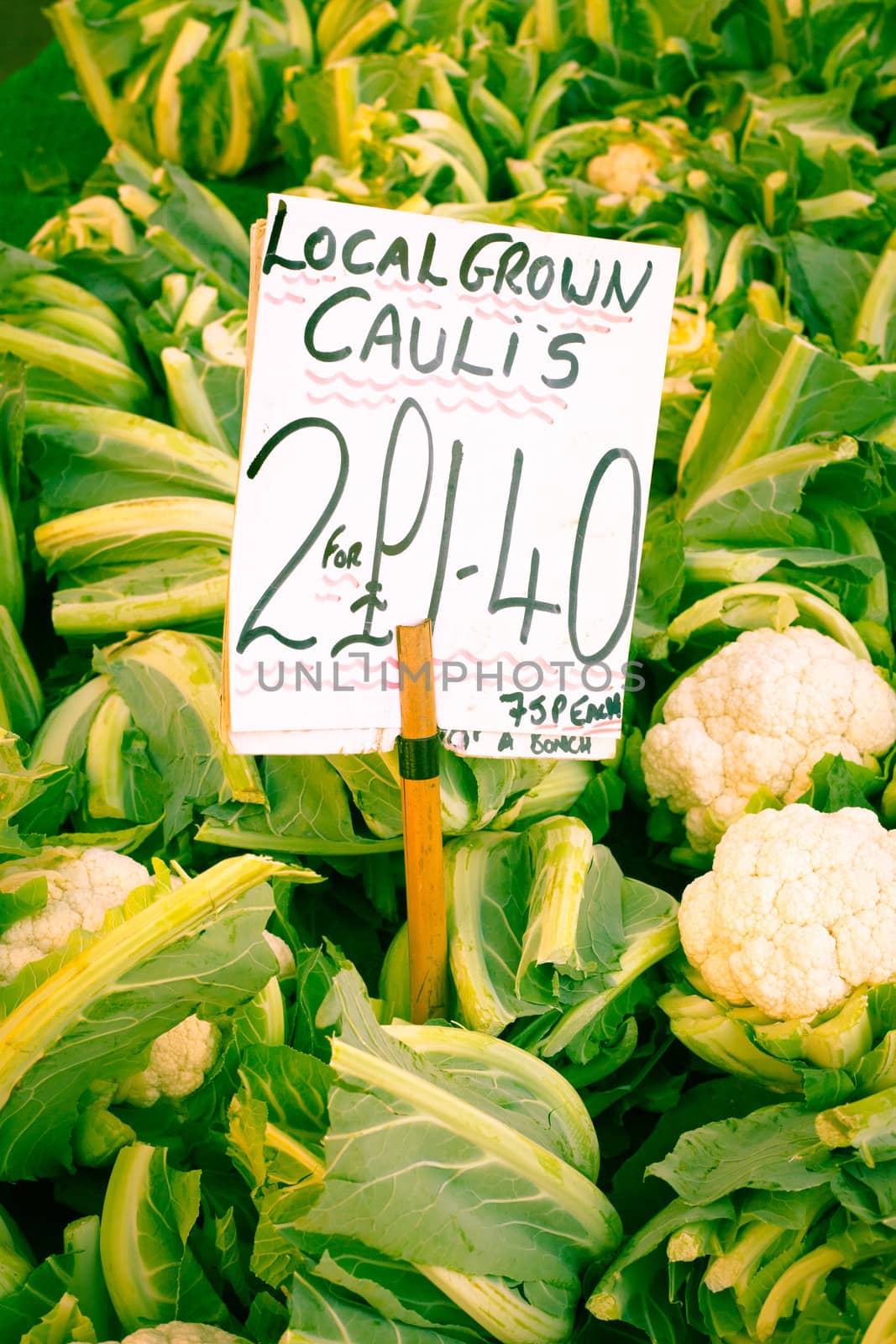 Fresh cauliflowers for sale at an english market