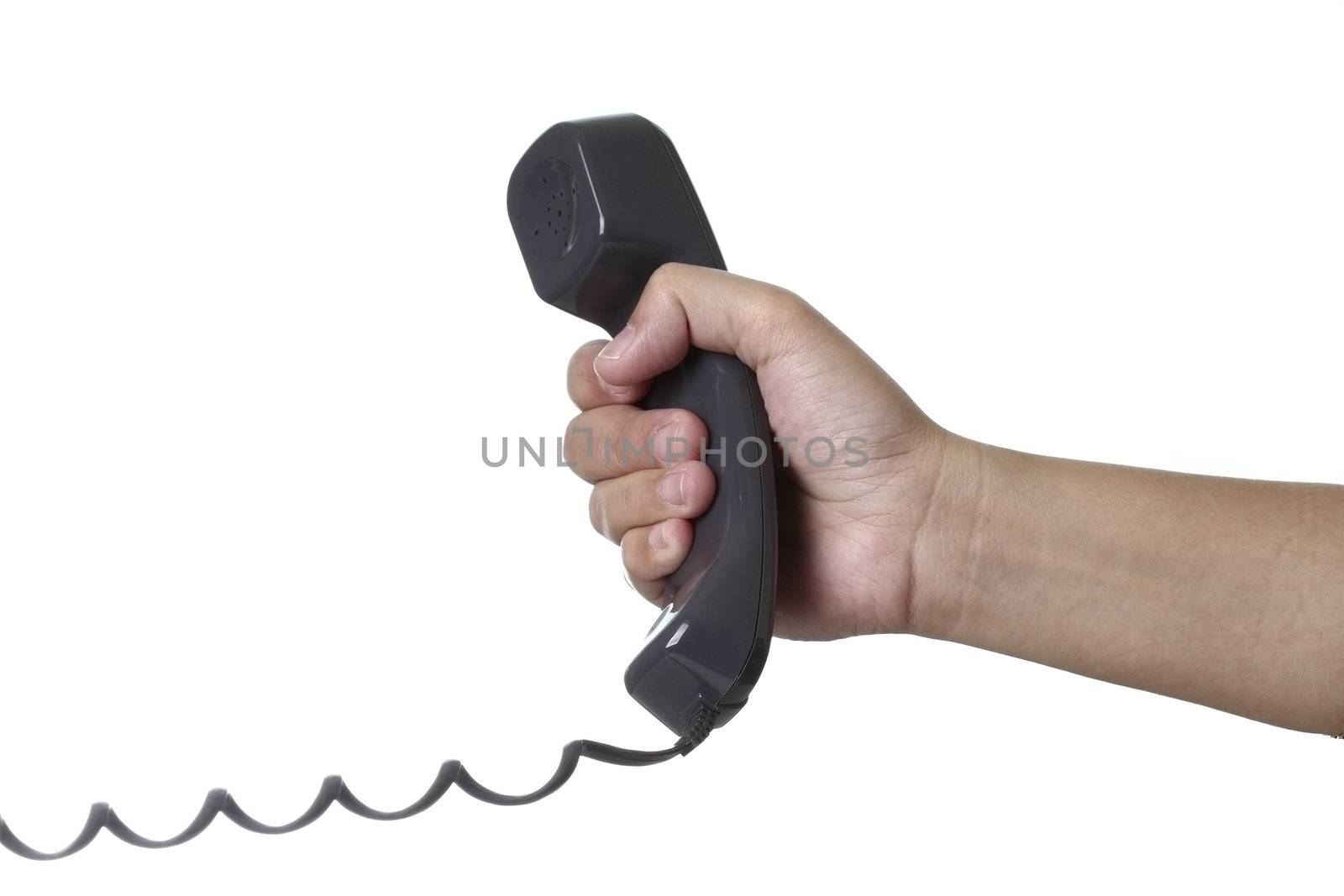 Human hand holding a phone isolated in white background.