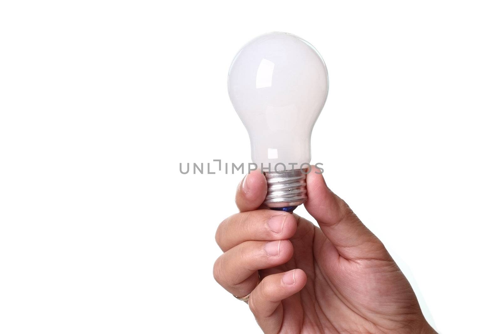 Lightbulb in a hand isolated on white background. 