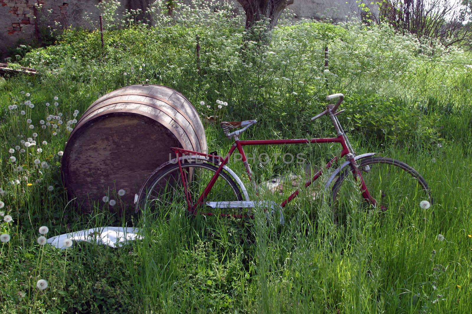 Red bike and barrel