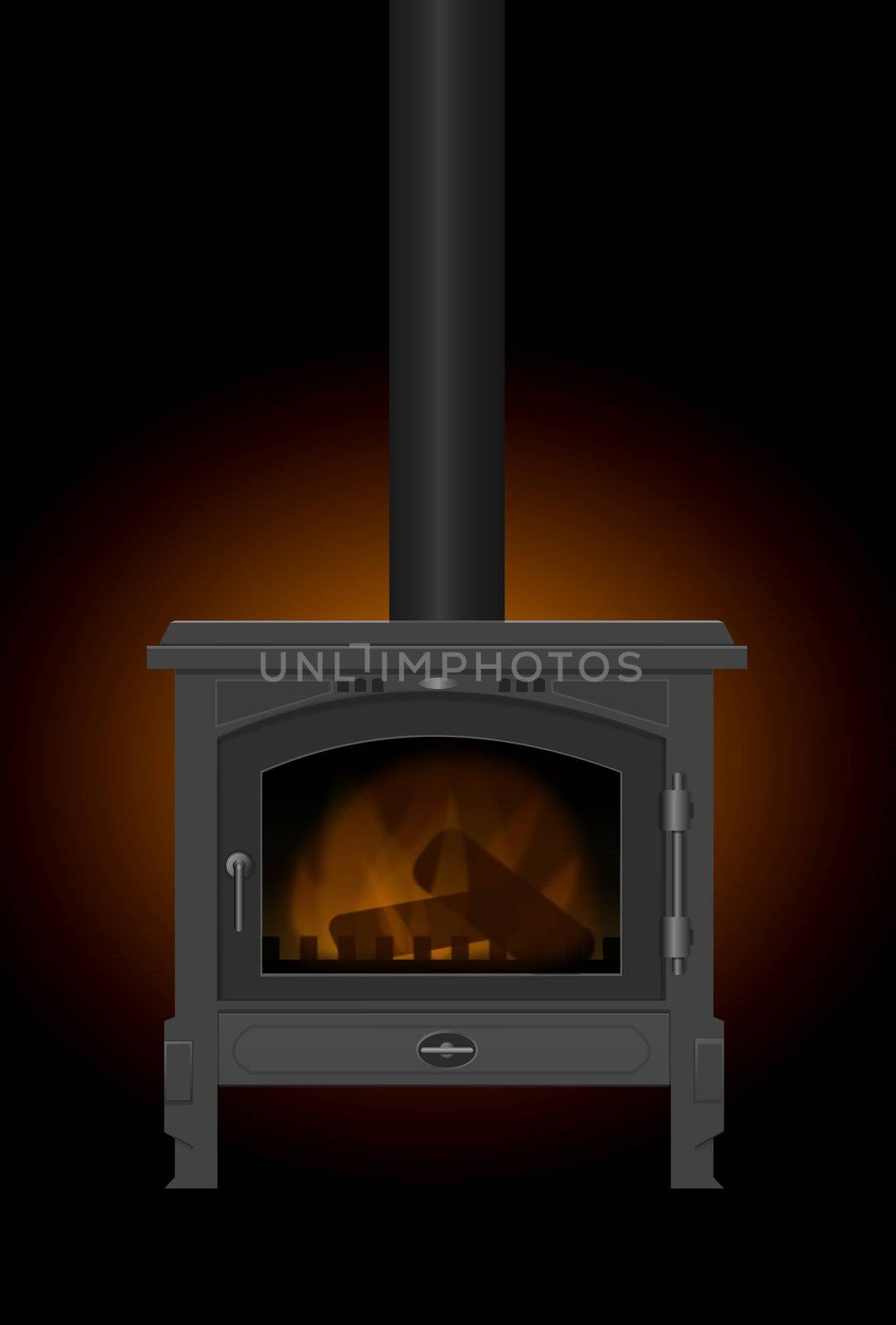 Illustration of a typical interior iron wood burning stove with dark glow background.