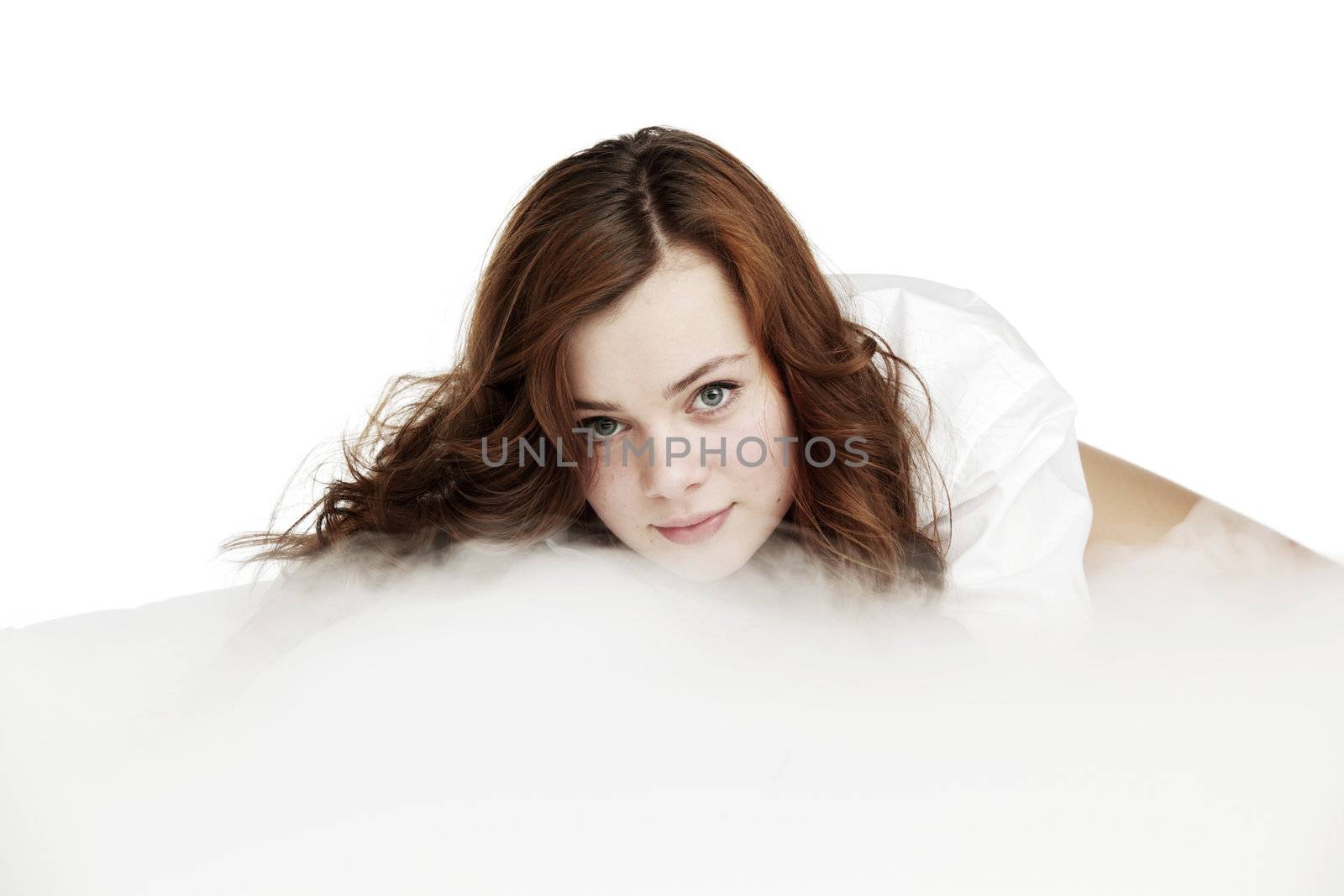 young beautiful girl close up on the heaven  cloud