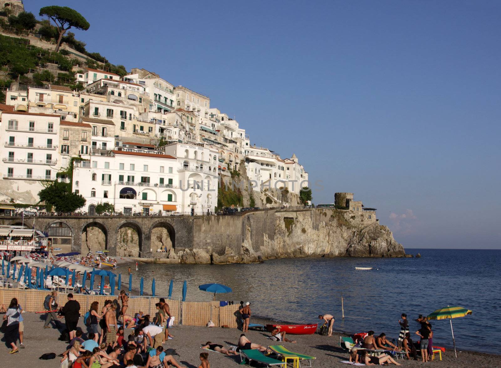 The beach in the town of Amalfi on the Amalfi coast in southern Italy.
