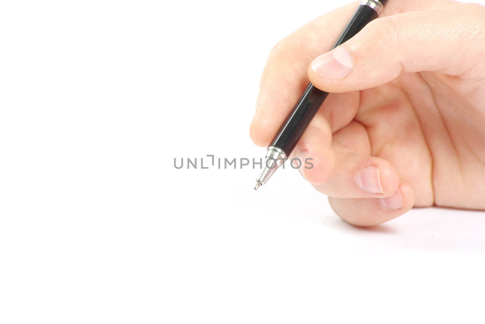 Hand and pen on the white background