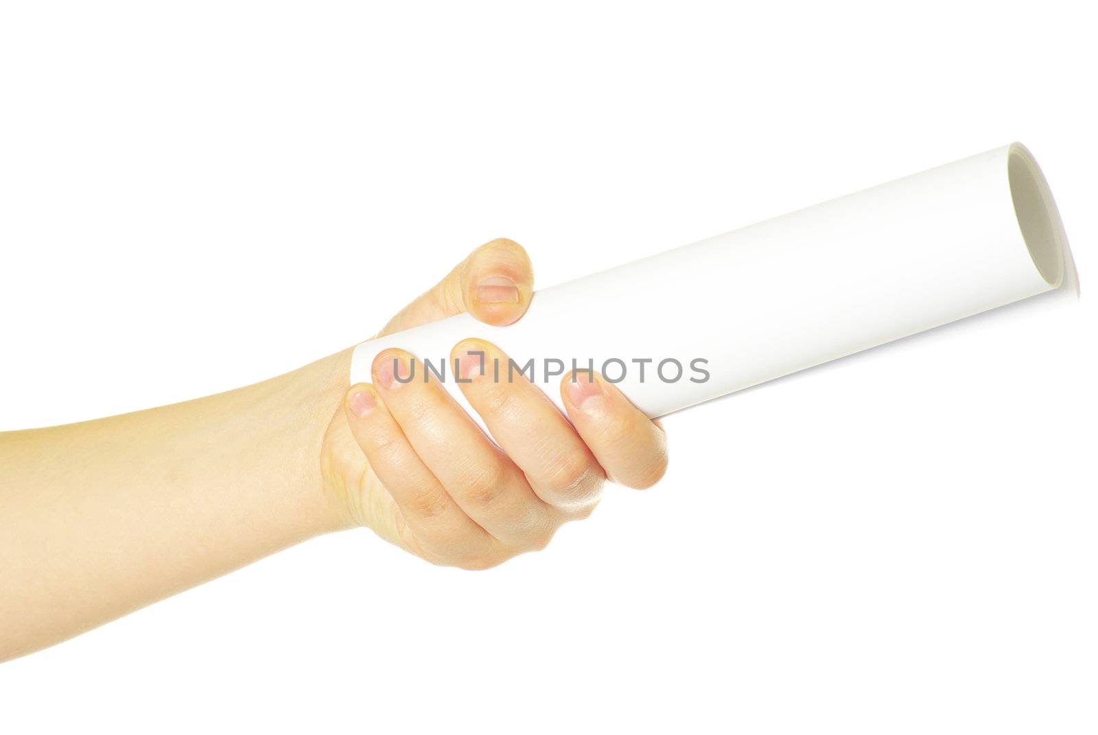 Diploma with a red ribbon in hand isolated on white 