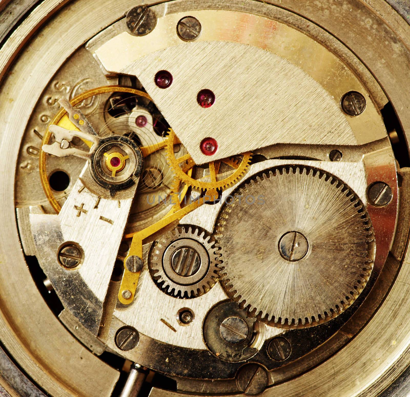 Closeup of old metal clock mechanism