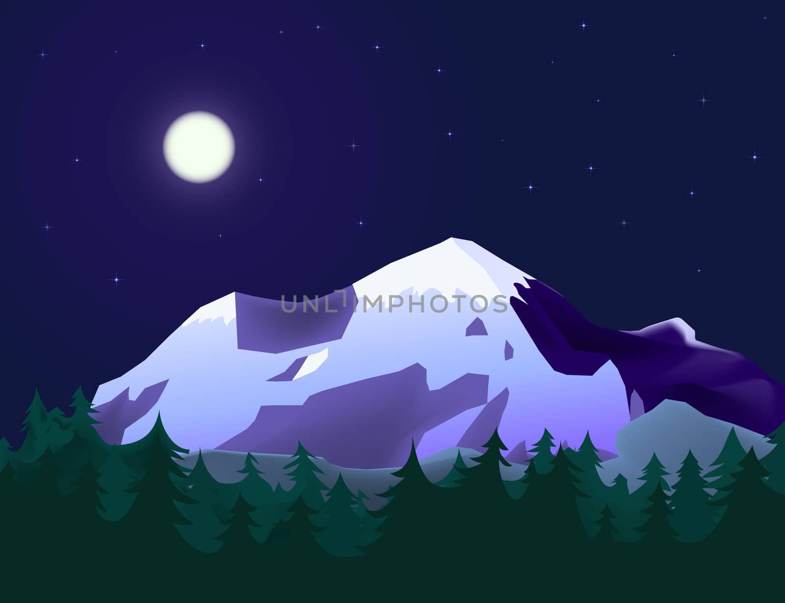 mountain landscape with fir forest in moon light