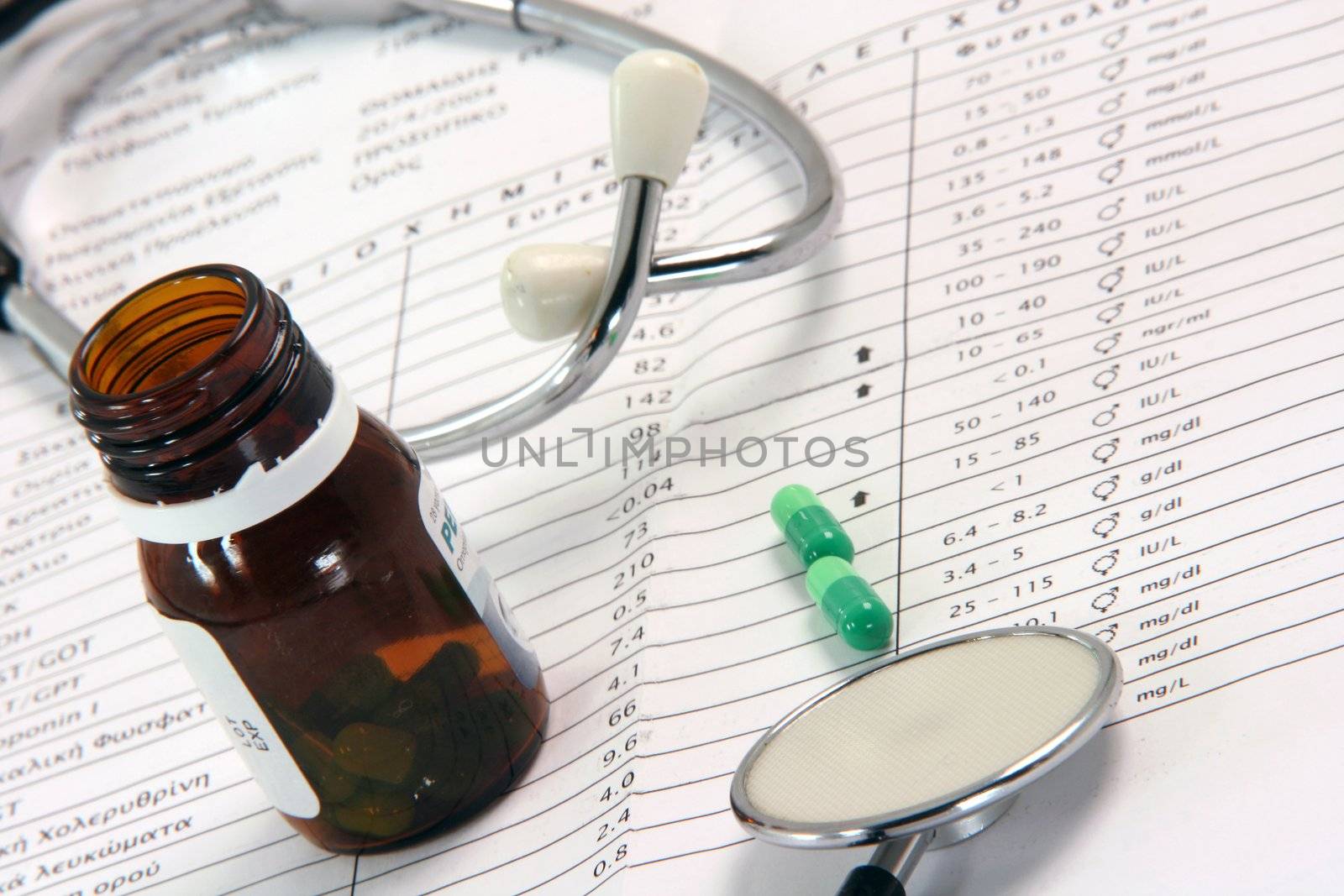 stethoscope sheet of medical lab test results and bottle of medicine capsules 