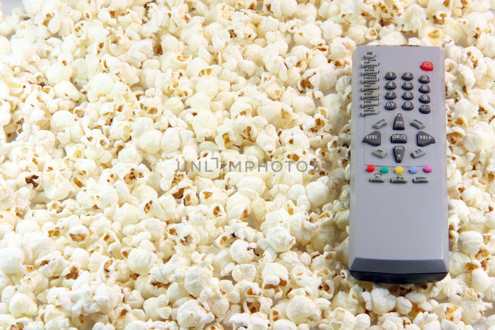 television remote control  on pop corn background food and entertainment conceps