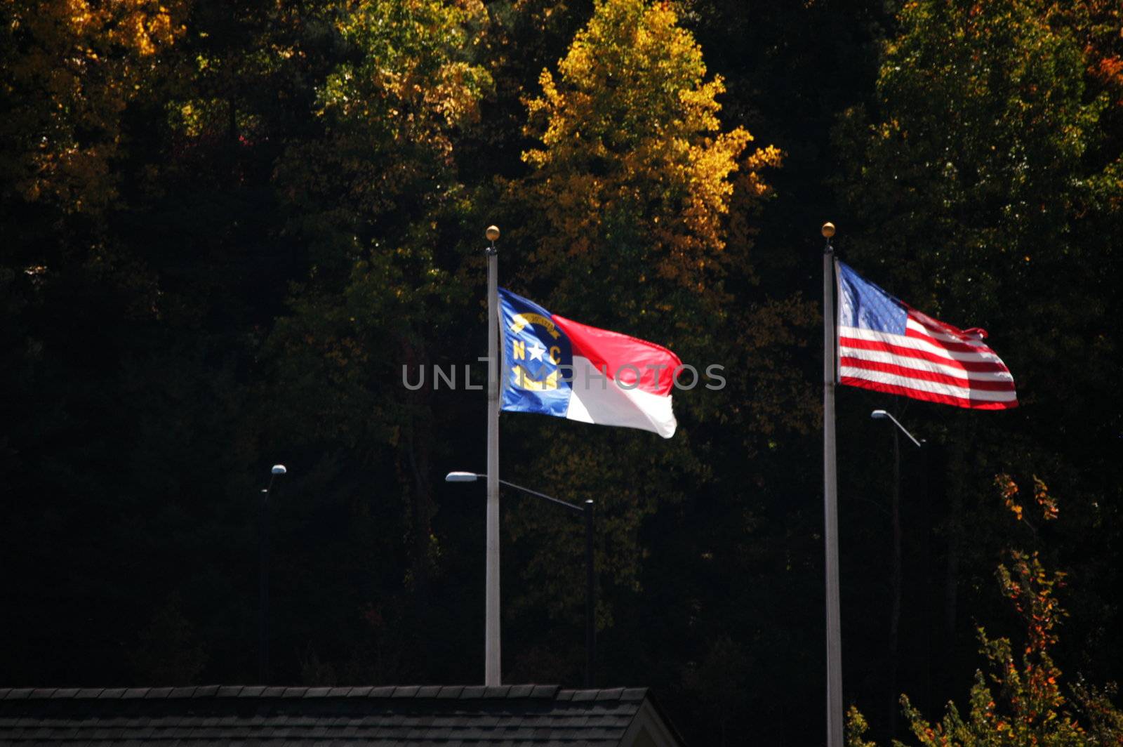 North Carolina and American flag blowing in the breeze