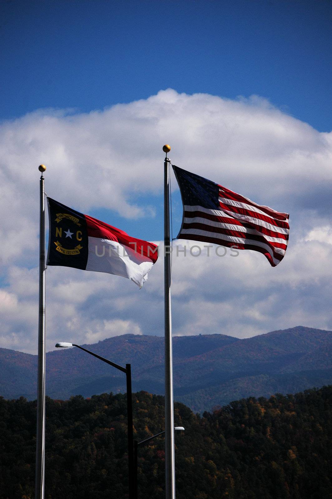North Carolina and American flag flying in the breeze