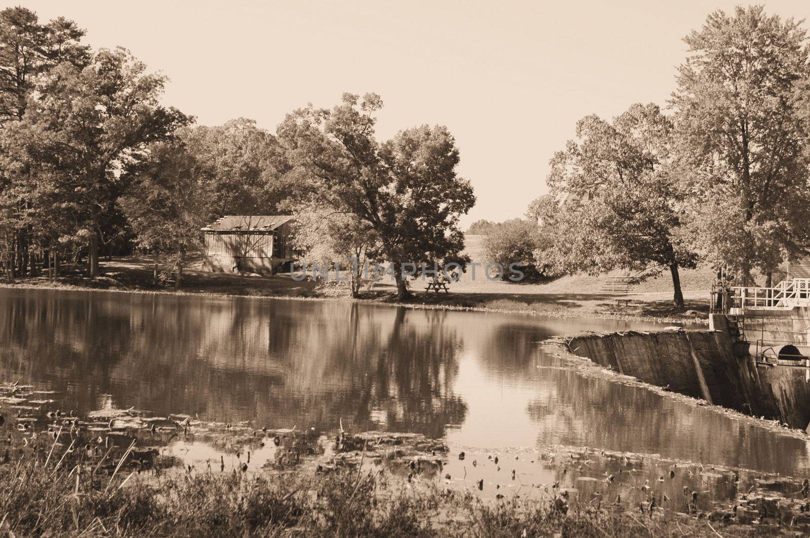 a mill scene in sepia tones