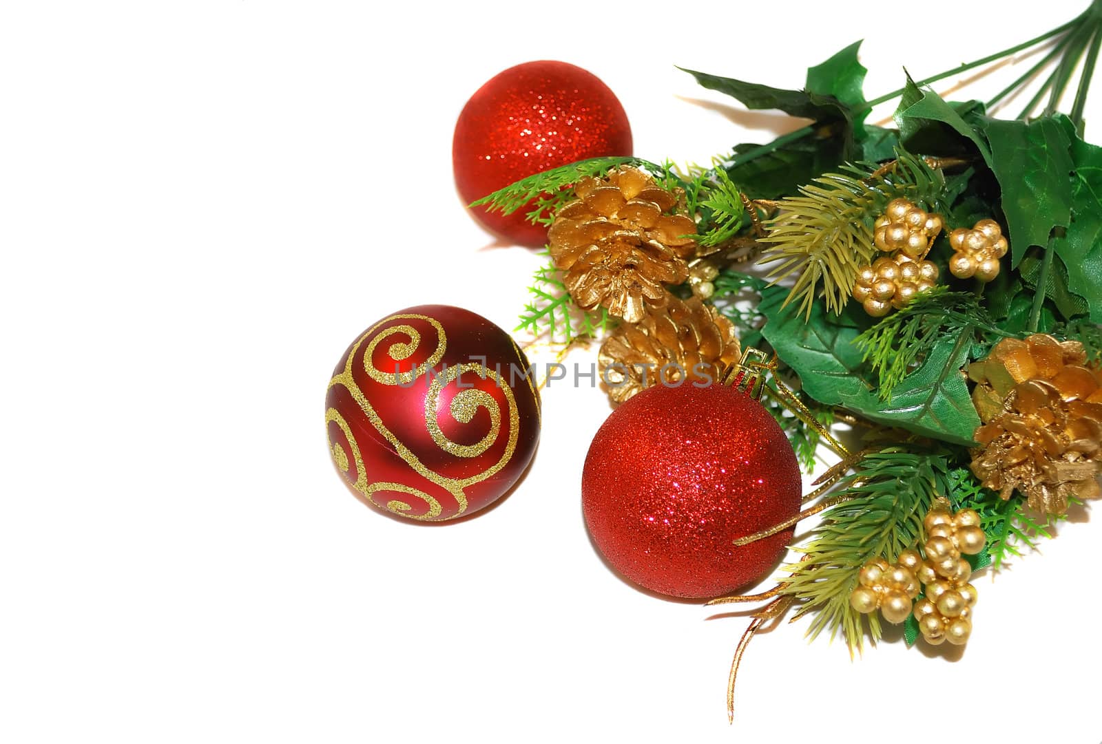 Christmas floral with gold fir cones and red ornaments. 