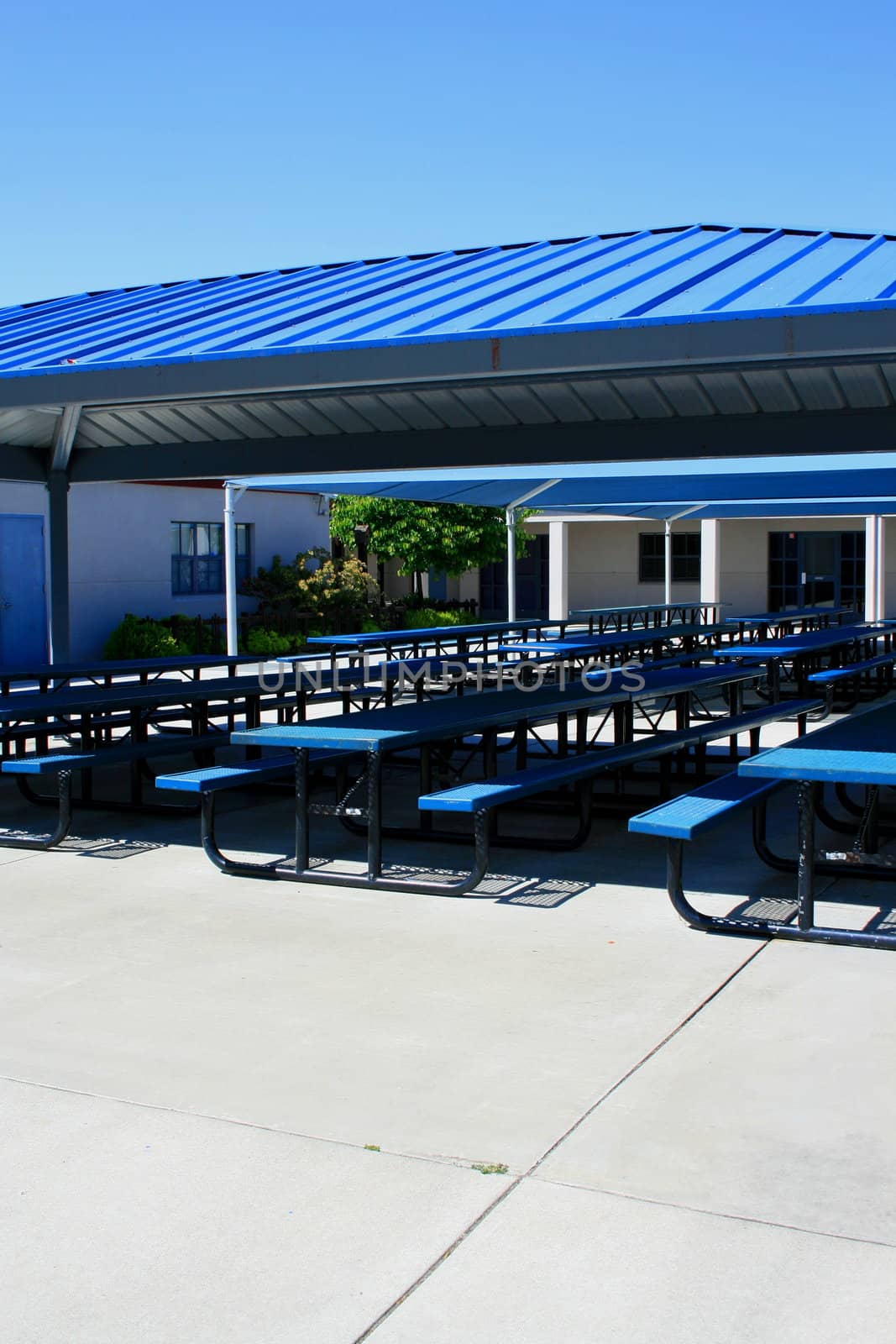 New outdoor cafeteria on a sunny day.
