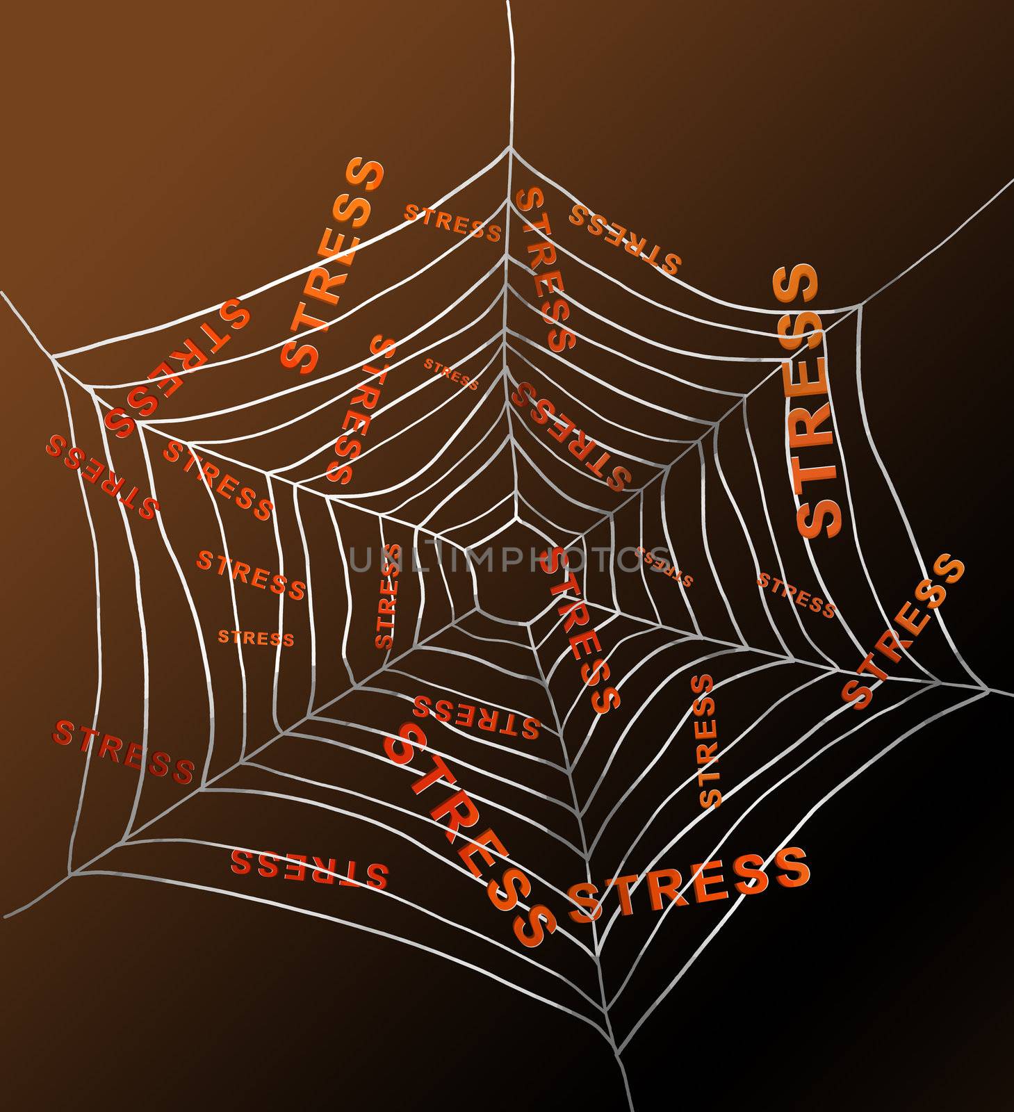Illustration depicting a spiderweb with the words 'stress' trapped by the threads. Dark background.
