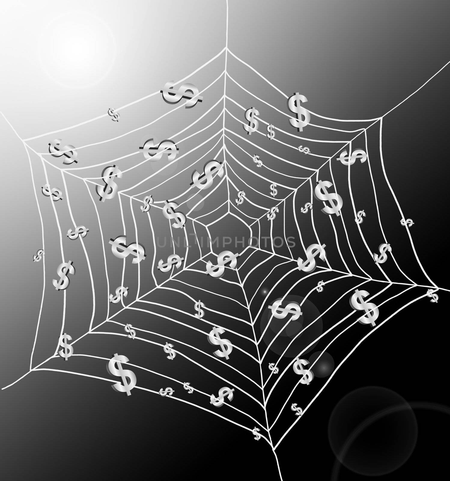 Illustration depicting a spiderweb with Dollar signs trapped by the threads. Dark with strong sunlight background.