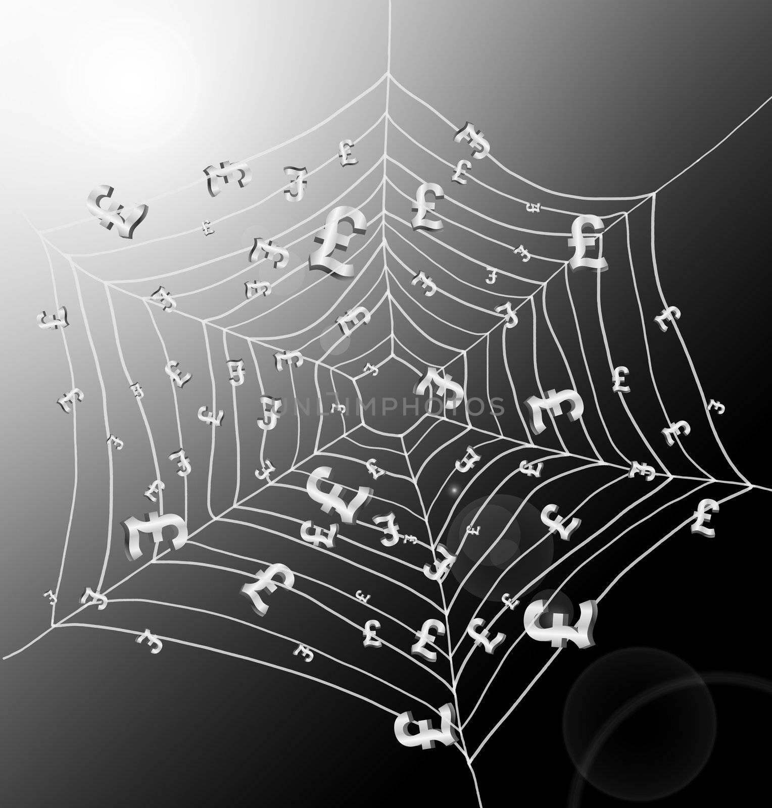 Illustration depicting a spiderweb with Pound signs trapped by the threads. Dark with strong sunlight background.