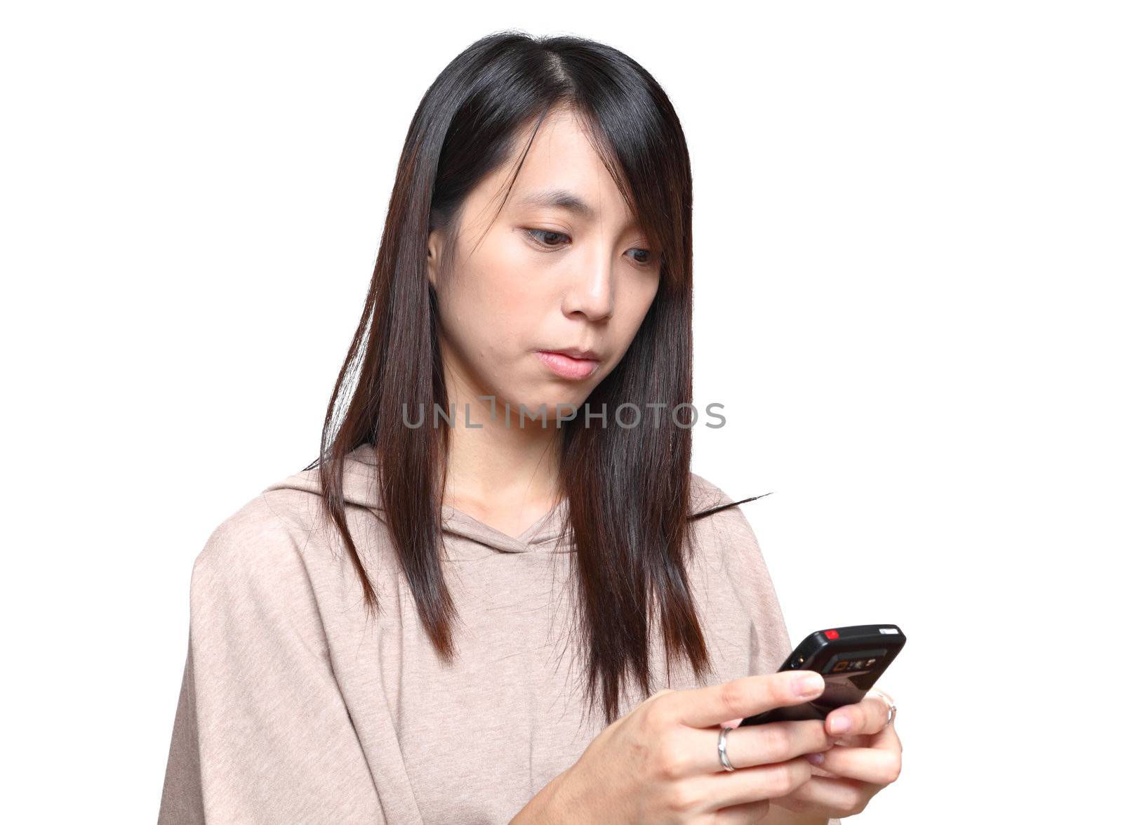 girl reads sms on phone