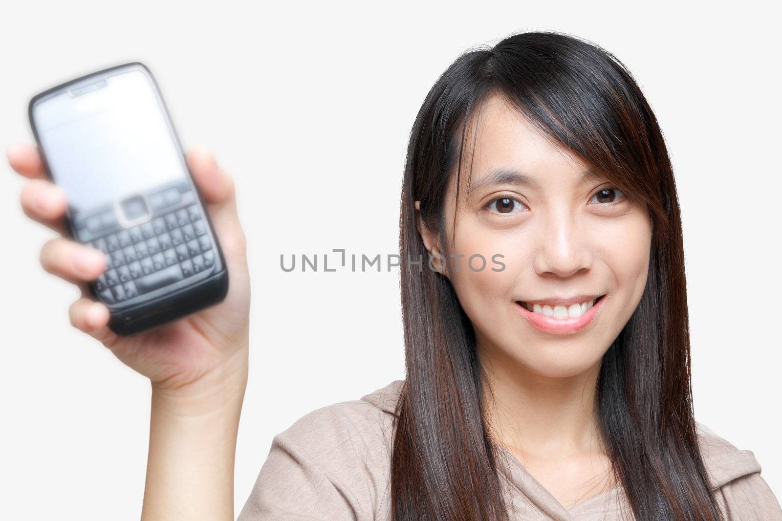 girl holding out mobile phone