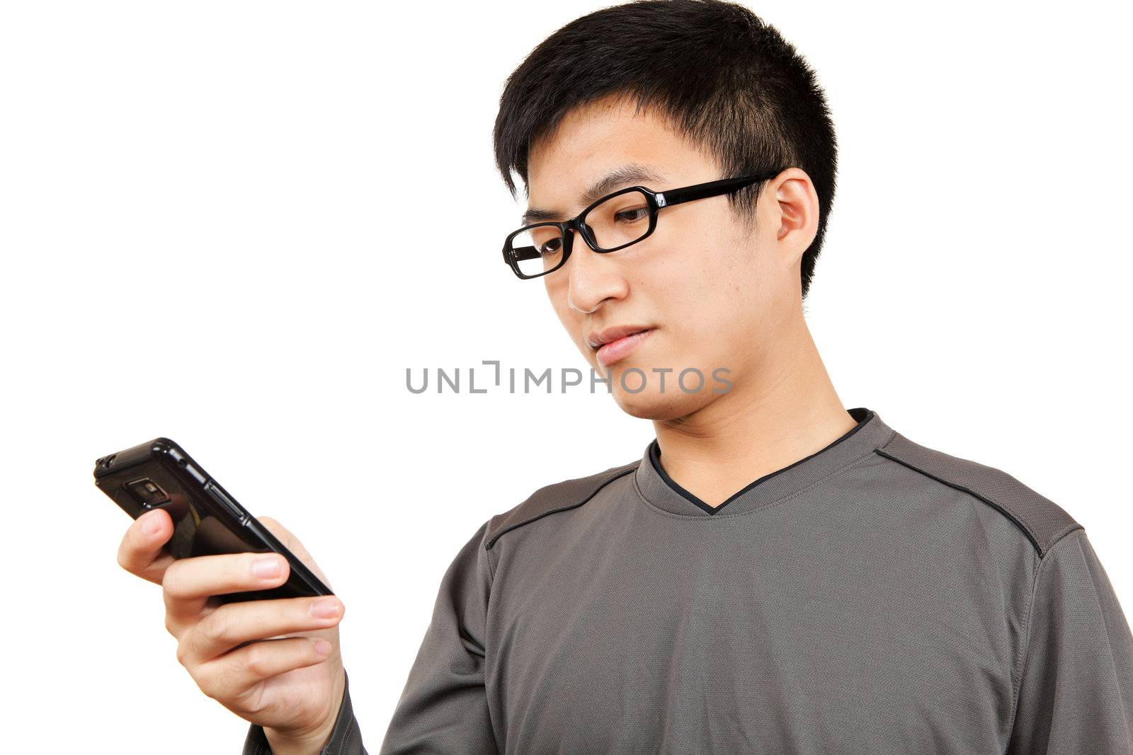 man read SMS on cellphone