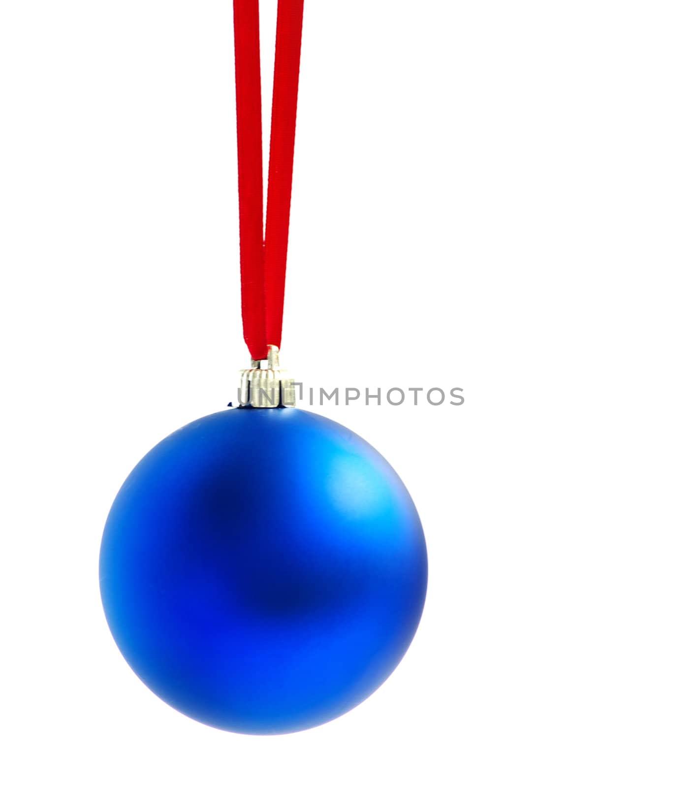 Christmas ball hanging with ribbons on white background