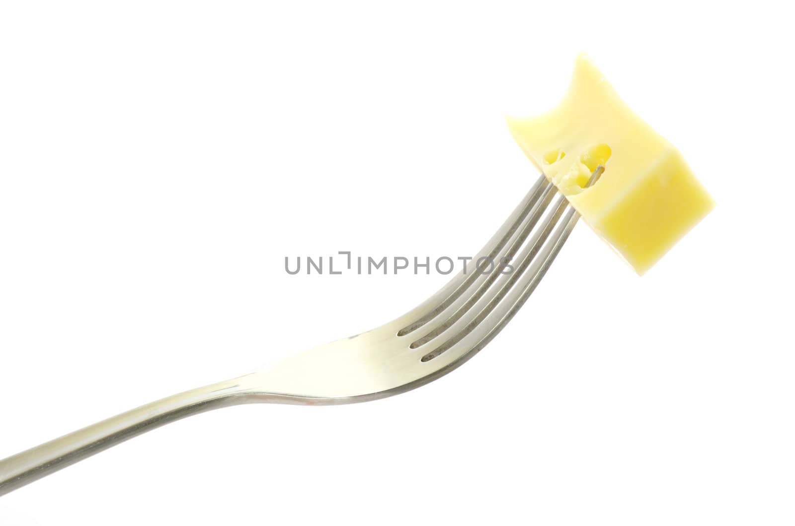 cheese on fork isolated on white background