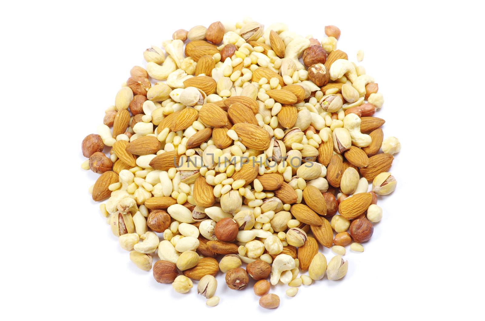 Assorted mixed nuts on white background