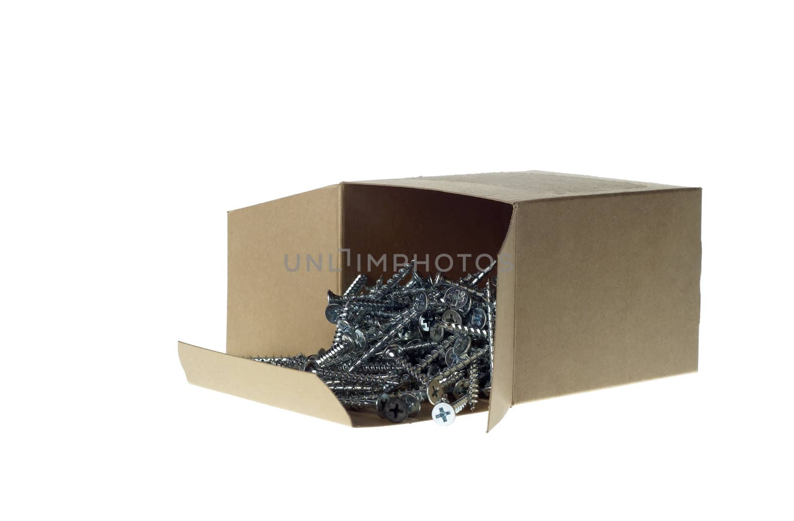 Cardboard Box of screws on white background