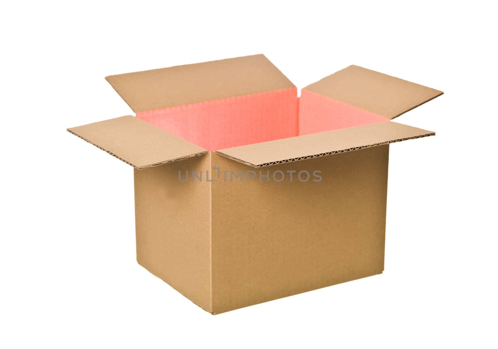 Open Cardboard Box with red light isolated on white background