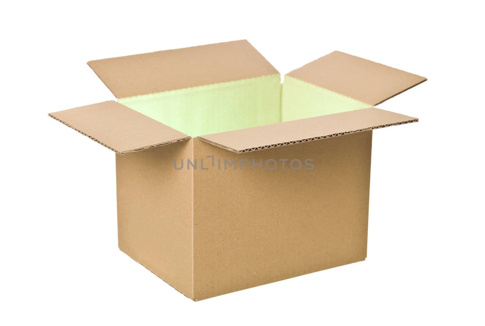 Open Cardboard Box with green light isolated on white background