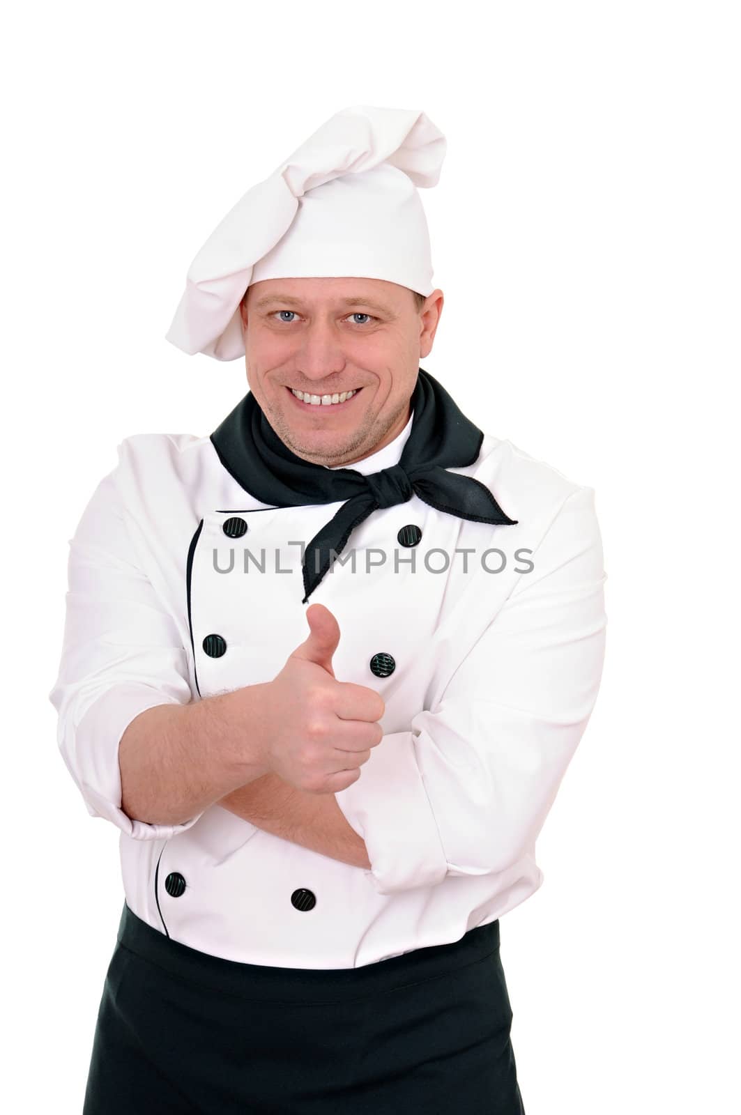 man cook shows all right isolated on white background