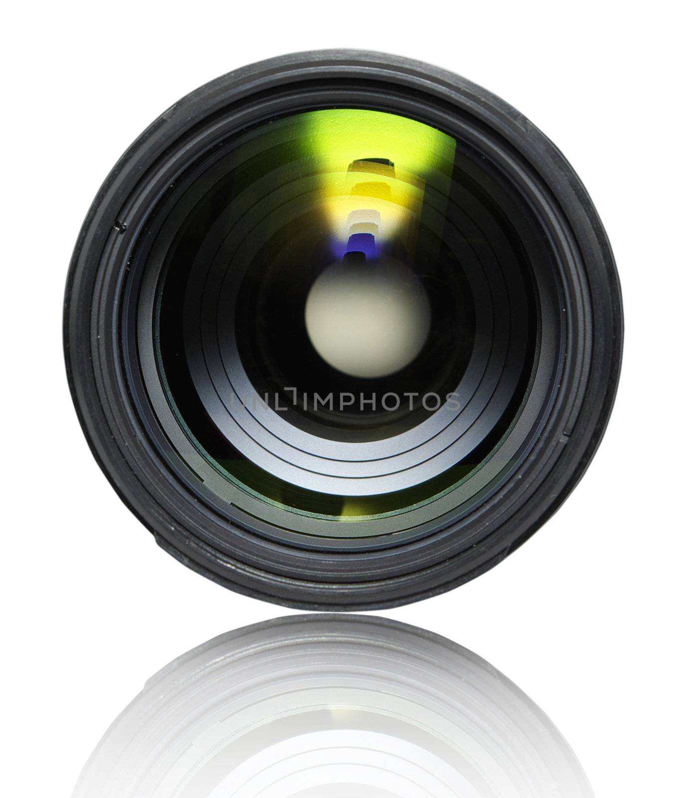 Black camera lens isolated in white background