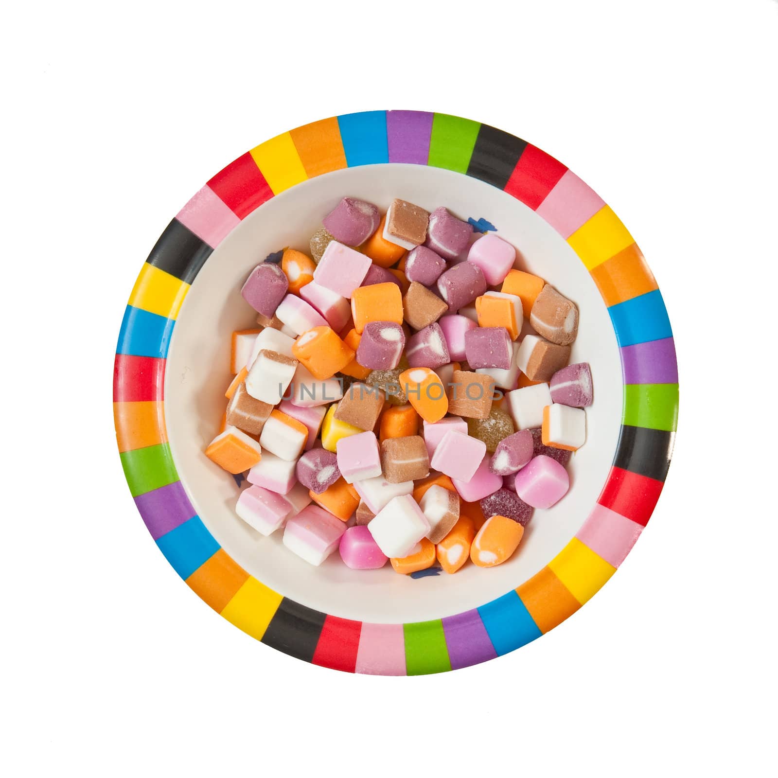 Nice bowl of dolly mixture candy isolated on white