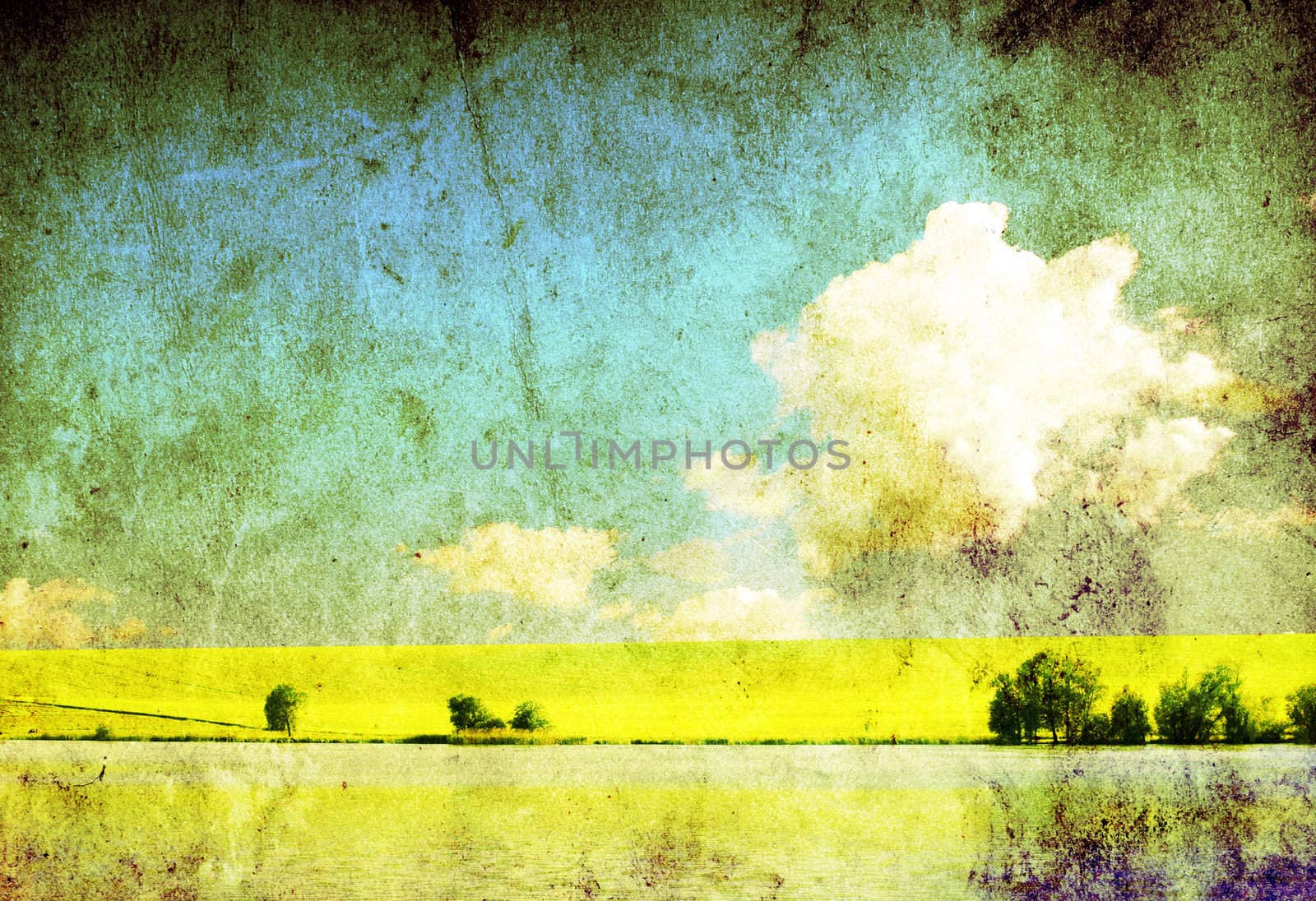 grunge image of green field and blue sky