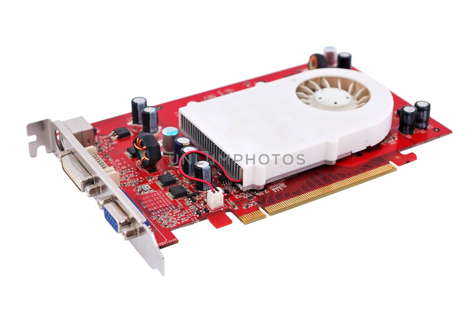 video card with three outputs on a white background