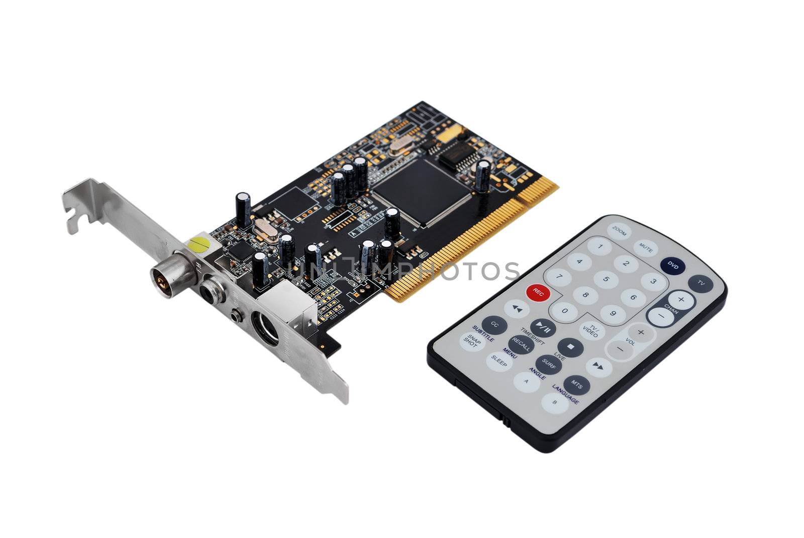 TV tuner card and remote control on a white background